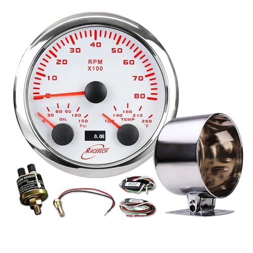 RACETECH 85mm 3in1 White Tachometer with Chrome Gauge Cup - Bundle