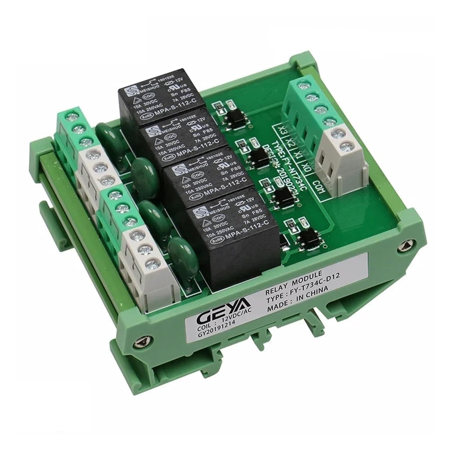 4 Channel Relay Module 1 SPDT DIN Rail Mount 12V 24V DC/AC Interface Relay Module 220V 230V 5VDC(FY-T734-12VACDC)