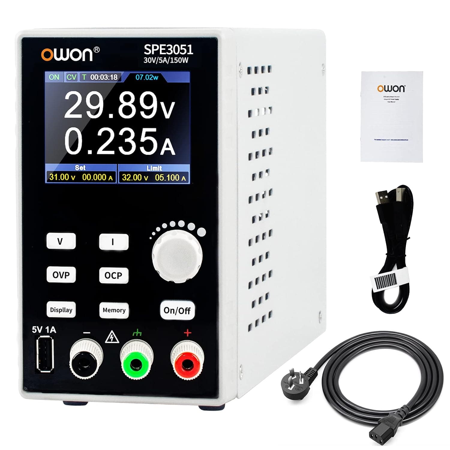 OWON SPE3051 Programmable Lab Power Supply (0-30V 0-5A), 150w Bench DC Power Supply with 2.8 inch LCD Display and Output Enable/Disable Button,Single