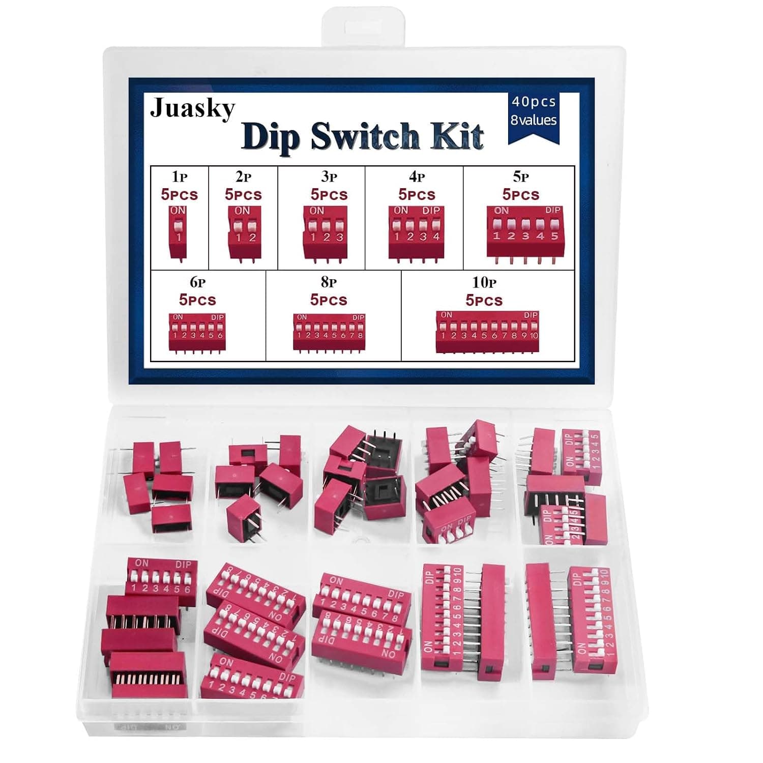 40pcs Double Row Dip Switch Kit, Slide Type Dip Switch 1 2 3 4 5 6 8 10 Position 2.54mm PCB Mountable On Off Toggle Button for Circuit,Breadboard